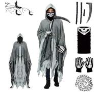 XILEPINGAN Costume Halloween Morte, Costume da Mietitore con Mantello, Maschera, Guanti, Falcetto e Catena, Costume di Halloween per Adulti (B-Grigio)