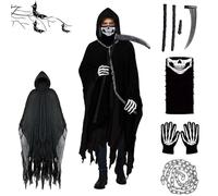 XILEPINGAN Costume Halloween Morte, Costume da Mietitore con Mantello, Maschera, Guanti, Falcetto e Catena, Costume di Halloween per Adulti (A-Nero)