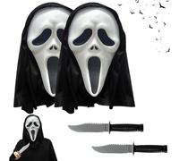 XILEPINGAN Ghostface Mask, Maschera Fantasma con Coltello, Maschere Fantasma Spaventoso per Halloween, per Cosplay Horror e Feste a Tema (2 Maschere 2 Coltelli)