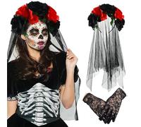 XIMEY Cerchietto dia de los Muertos Halloween, Velo Nero Halloween, Velo da Sposa Nero, Giorno dei Morti Cerchietto a Fiori, Cerchietto di Halloween, Accessori Halloween Donna, Mascherata-Nero rosso