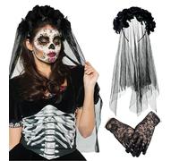 XIMEY Cerchietto dia de los Muertos Halloween, Velo Nero Halloween, Velo da Sposa Nero, Giorno dei Morti Cerchietto a Fiori, Cerchietto di Halloween, Accessori Halloween Donna, Mascherata-Nero