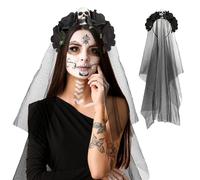 XIMEY Cerchietto dia de los Muertos Halloween, Velo Nero Halloween, Velo da Sposa Nero, Giorno dei Morti Cerchietto a Fiori, Cerchietto di Halloween, Accessori Halloween Donna, Mascherata-Nero