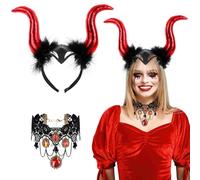 XIMEY Corna da Diavolo, 2 Pcs Costume Malefica, Corno Diavolo Con Collana Gotico Pizzo, Cerchietto Con Corna per Halloween Terrore Festa Cosplay Carnevale (Rosso)