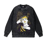 Ximman JJBA Felpa anime Giorno Giovanna retrò lavata nera felpa Kakyōin Noriaki/Jotaro pullover nero girocollo casual top anime top per uomo e donna, Tipo 5, S