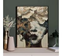 XINBAO Astratto Fiori Testa Capelli Nero Ragazza Africana Donna Boho Poster Tela Pittura Arte Murale Immagini per Soggiorno Decorazione Casa 80x120cm Senza Cornice