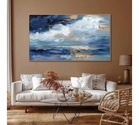 XINBAO Dipinto ad olio su tela con onde oceaniche in 3D, astratto, natura, blu, paesaggio, dipinto a parete con texture, decorazione per soggiorno, 60x120 cm, con cornice.