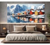 XINBAO Dipinto di case scandinave stampato su tela, stampa su tela, paesaggio invernale panoramico, poster della Norvegia, decorazione da parete 50x100 cm con cornice