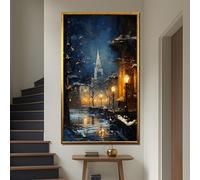 XINBAO Dipinto su tela con scena di strada in una notte innevata - Vicolo illuminato a gas e sfondo di una chiesa, arte della serenità invernale, poster e stampe (80x150 cm/senza cornice)