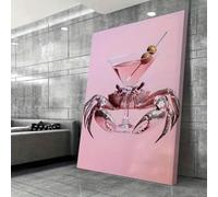 XINBAO poster da parete surreale con granchio che tiene in mano un martini - Decorazione da bagno retrò con sfondo rosa, stampa su tela impermeabile (50x75 cm/senza cornice)
