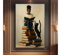 XINBAO Poster su tela raffigurante un gatto nero e una donna che legge un libro, stampe su tela con merchandising libresco, dipinti afrocentrici, poster (40x60 cm/senza cornice)