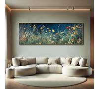 XINBAO Quadro da parete con texture floreale orizzontale 3D, grande, lungo e largo, dipinto botanico blu su tela, immagini di fiori selvatici colorati, 70x210 cm, senza cornice