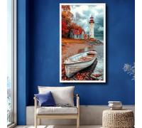 XINBAO Quadro su tela con scena lacustre, quadro rustico con barca e faro, paesaggio costiero vintage, quadro su tela con fogliame autunnale arancione, decorazione (30x50 cm/senza cornice)