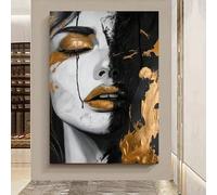 XINBAO Stampa artistica su tela con volto di donna, decorazione murale per soggiorno, opera d'arte contemporanea in nero e oro, dipinti, poster, murales 60x90 cm con cornice