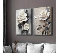 XINBAO Stampa artistica su tela, dipinto a olio di rose, dipinto di fiori botanici, stampa artistica su tela floreale bianca per la decorazione della parete di casa, 70x90 cm x 2 cm senza cornice