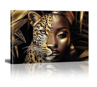 XINBAO Stampe su tela con ritratto di donna e leopardo, dipinti, poster, murales di animali in oro nero per bagno, camera da letto, 80x140 cm, senza cornice