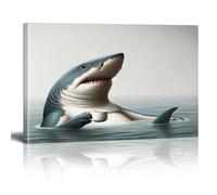 XINBAO Stampe su tela con squalo che beve caffè, stampe artistiche divertenti con animali della costa, per bagno, soggiorno, stampe artistiche 60x80 cm con cornice