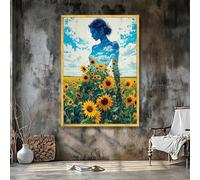 XINBAO Tela con donna in un campo di girasoli - Silhouette di cielo sognante - Stampe di ragazza con natura surreale - Arte floreale estiva - Dipinto 80x140 cm senza cornice