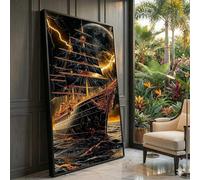 XINBAO Tela con nave a vela nera, decorazione murale con fulmini e tempesta, dipinto drammatico sull'oceano, tela fantasy nautica, decorazione notturna al chiaro di luna (70x130 cm/cornice interna)