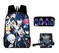 Xinchangda Blue Lock Set di 3 zaini per la scuola con motivo anime Isagi Yoichi/Seishiro Nagi/Reo Mikage + astuccio + borsa a tracolla, Blocco Blu 3, 30*13*40cm
