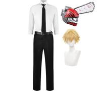 Xinchangda Denji - Costume per cosplay, personaggio anime, uniforme Denji, maschera in lattice con elmo, camicia bianca, cappotto, pantaloni, set completo per Halloween e giochi di ruolo