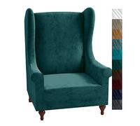XINEAGE - 1 fodera per poltrona wingback, in velluto, elasticizzata, antiscivolo, protezione per mobili, con bastoncini in schiuma, per salotto (poltrona wingback, verde nerastro)
