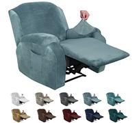 XINEAGE - Fodera per poltrona reclinabile, velluto, 4 pezzi, elasticizzata, tasca laterale, antiscivolo, con angoli, protezione per mobili, fondo elasticizzato (poltrona reclinabile, blu - stone blue)