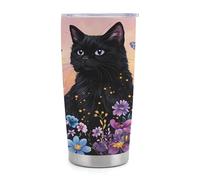 XingFox Bicchiere termico da 590 ml in acciaio inossidabile con manico e cannuccia, con gatto nero magico e farfalle colorate, ideale per caffè e bevande calde e fredde.