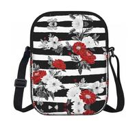 XingFox Borsa a tracolla con cerniera, stampa a righe bianche e nere e rose rosse, con fodera interna liscia per un facile accesso, ideale per l'uso quotidiano, le attività all'aperto e i viaggi.