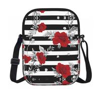 XingFox Borsa a tracolla con cerniera, stampa a righe bianche e nere e rose rosse, con fodera interna liscia per un facile accesso, ideale per l'uso quotidiano, le attività all'aperto e i viaggi.