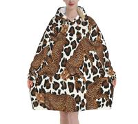 XingFox Carta da parati senza cuciture con motivo leopardato, coperta con cappuccio in flanella per adulti, morbida e calda con tasche.