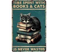 XingFox Cartello da bar con gatto nero, il tempo trascorso con libri e gatti non è mai sprecato. Poster retrò in latta per decorazioni da parete in metallo per fattoria, casa e ufficio, 8x12 pollici.