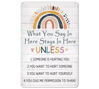 XingFox Cartello in latta con citazioni divertenti, decorazione da parete, cartello Quello che dici qui resta qui, decorazione da parete per ufficio, 8x12 pollici