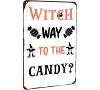XingFox Cartello in metallo Way to the Candy di Halloween, vintage, con scritta Strega, decorazione da parete con strega, per casa, cucina, garage, bar, pub, 8x12 pollici