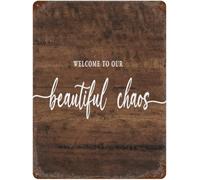 XingFox Cartello rustico in metallo con scritta Benvenuti nel nostro splendido caos, poster da parete in metallo con citazione motivazionale ispiratrice, cartello rustico, regali, 8x12 pollici