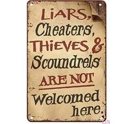 XingFox Decorazione da parete vintage Bugiardi, imbroglioni, ladri, mascalzoni, benvenuti qui, divertente cartello in metallo, bar in alluminio, casa, 8x12 pollici