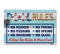 XingFox Divertenti cartelli in metallo con le regole della piscina, accessori per terrazze per piscine, accessori vintage per piscine, decorazioni in latta per esterni, 8x12 pollici
