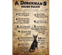 XingFox Divertido cartel de hojalata con las reglas de la casa de un dóberman, ideal para decoración de pared de aluminio, para casa, oficina, granja, cocina, 8 x 12 pulgadas