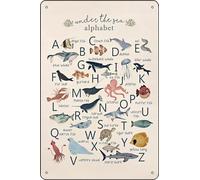 XingFox Insegna in metallo con alfabeto oceanico, animali marini educativi, per la decorazione della cameretta dei bambini, asilo, classe, cameretta dei neonati, 8x12 pollici
