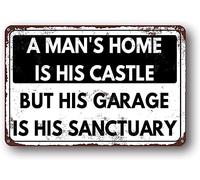 XingFox La casa di un uomo è il suo castello, ma il suo garage è il suo santuario. Divertente cartello in metallo vintage, decorazione da parete per garage, 8x12 pollici.