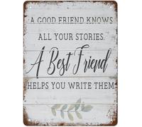 XingFox Letreros de metal retro Un buen amigo conoce todas tus historias. Un mejor amigo te ayuda a escribirlas. Póster de hojalata. Decoraciones divertidas de 8 x 12 pulgadas.