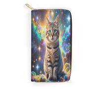 XingFox Portafoglio Nebula con gatto seduto dentro, porta carte di credito minimalista per uomo e donna, portamonete con cerniera in morbida pelle PU.