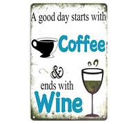 XingFox Targa vintage in latta Una buona giornata inizia con il caffè e finisce con il vino, da parete, 8x12 pollici, per casa, bar, pub, caffetteria, ufficio, fattoria, regalo.