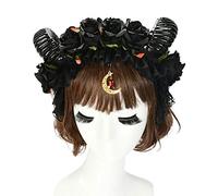 XINGLIDA Cerchietto per capelli, stile gotico con volant, in pizzo, con corno di pecora rosa, ciondolo a forma di luna (2#)