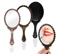 XINGYATU 3 Pezzi Specchio a Mano, Specchio per Trucco Con Maniglia, Specchio Vintage Floreale in Rilievo, Mini Specchio Ovale su un Solo Lato per Ufficio Di Viaggio (Nero, Oro Rosa, Bronzo)