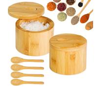 XingyLi 2 Contenitori per Sale in Bambù, Rotondi, con Coperchio Magnetico Girevole e 6 Cucchiai - per Sale, Pepe e Spezie - Vaso, Ciotola, Bicchieri da Cucina