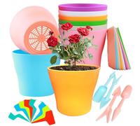 XingyLi - 24 vasi per piante in plastica colorata da 14 cm, 8 piccoli vasi da fiori rotondi con sottobicchieri, vasi di semi colorati con 12 etichette per piante e 4 strumenti per trapianto per