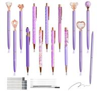 XingyLi Set di 28 penne a sfera viola con diamanti di cristallo, 14 penne a sfera retrattili con corone in metallo luccicanti e 14 mine di inchiostro nere, belle penne a forma di sabbia liquida
