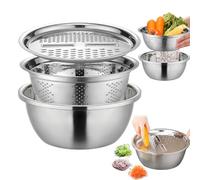 Xinhuju Set di bacino in acciaio inossidabile multifunzionale - Ciotola insalata con grattugia, colino e | 3 su 1 set ciotole per tagliare, sciacquare gridare verdure, frutta ingredienti da cucina