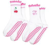 Xinjoduz 2 paia di calzini per pilates da donna, traspiranti, carini, Reformer, Pilates, con impugnature, antiscivolo, con volant, per yoga, in cotone, per allenamento alla sbarra, 13-25 cm (ciliegia