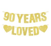 Xinjoduz Banner 90 Years Loved, decorazioni pre-infilate per il 90° compleanno per donne e uomini, altezza 16 cm, cartello decorativo per festa di compleanno per lui e lei, glitter oro